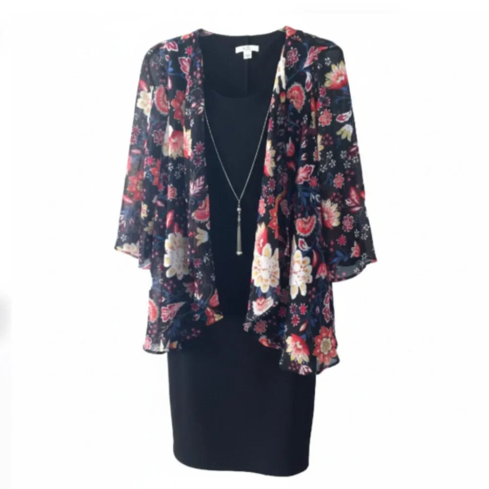 NWT Croft & Barrow Black Dress Size L Floral Jacket Necklace Set